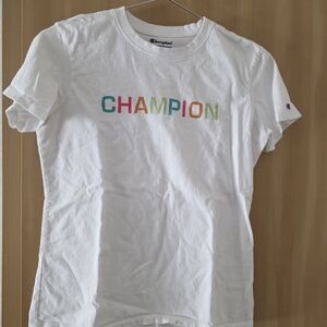 Champion White Crewneck Tee with Navy Logo